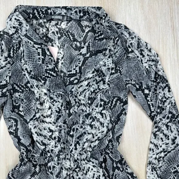 NWT Missguided Snake Animal Reptile Print Button Frill Sheer Chic Mini Dress 2 - Picture 2 of 15
